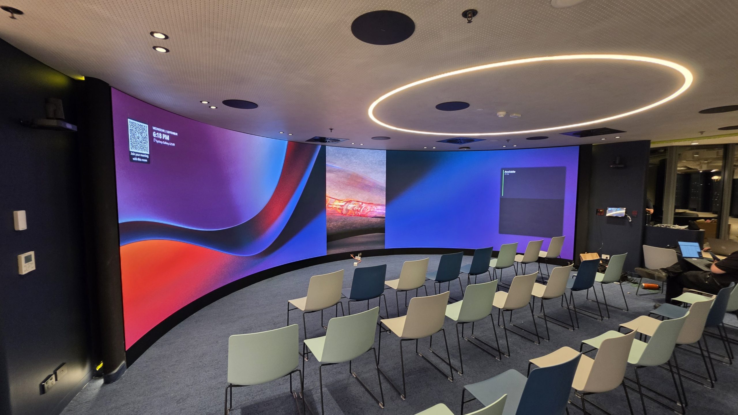 Multiple content areas on the curved LED wall during setup