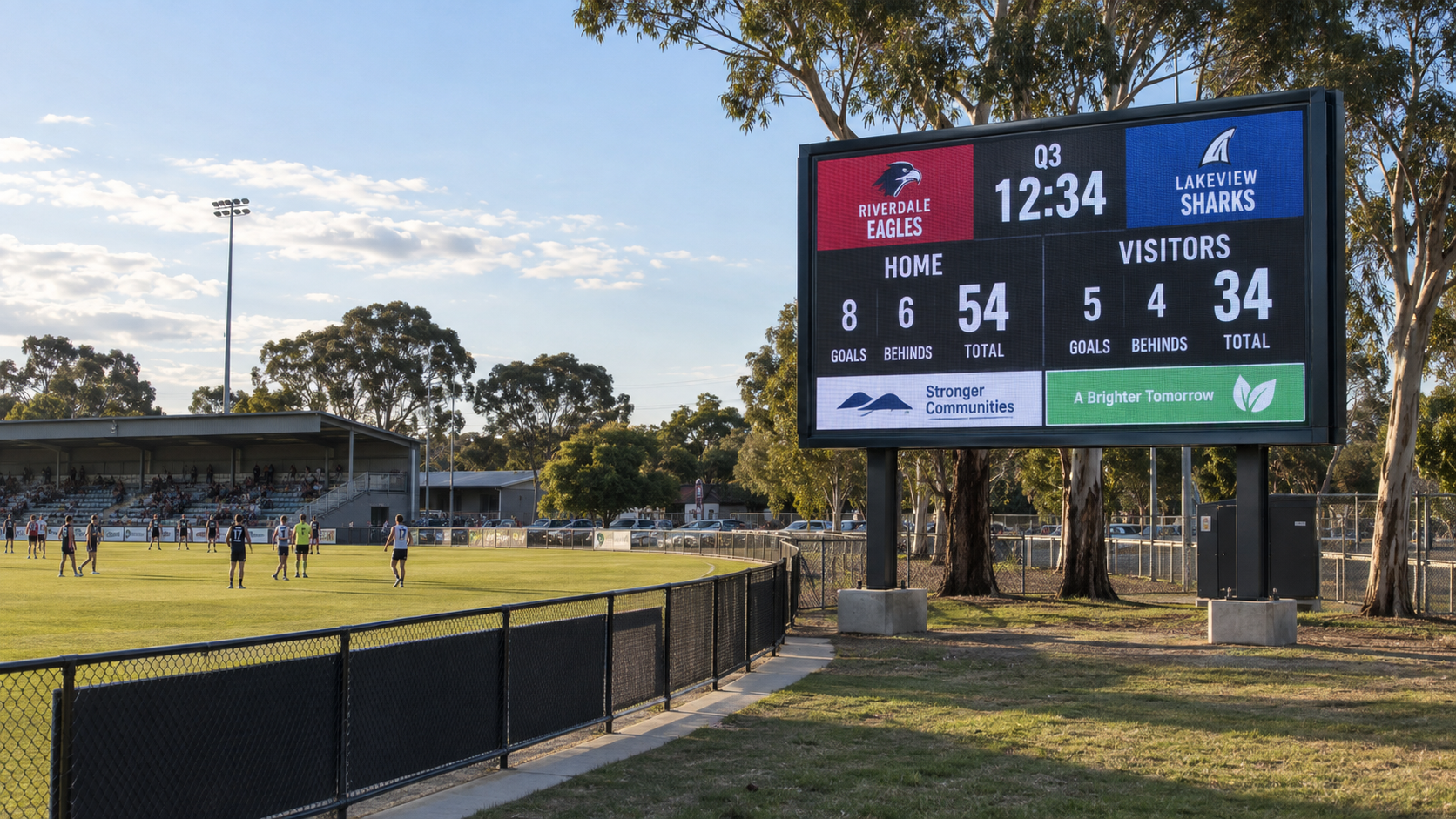 Concept visualisation of a custom LED scoreboard at an Australian community football oval