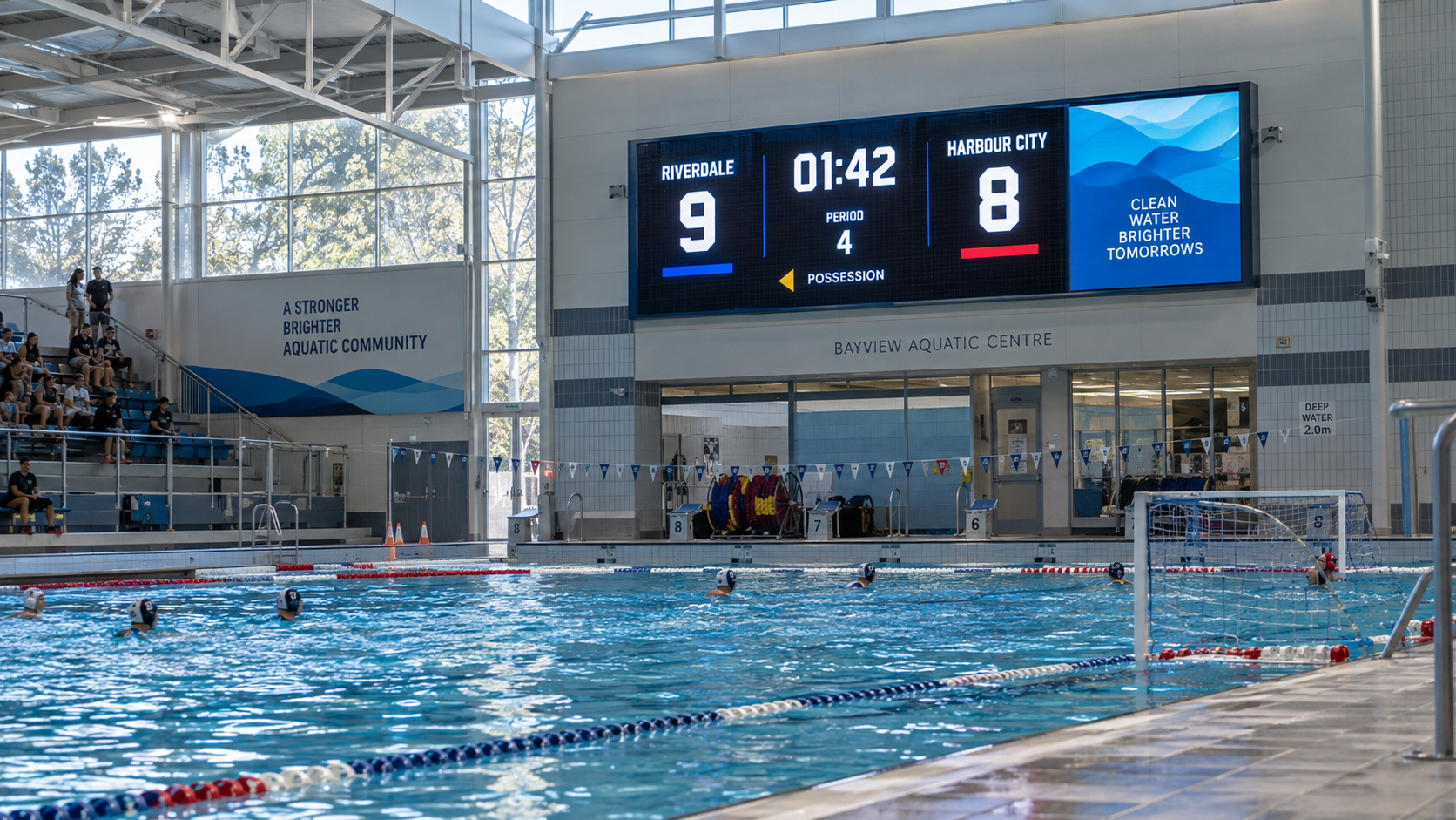 Concept visualisation of an aquatic-centre water polo LED scoreboard