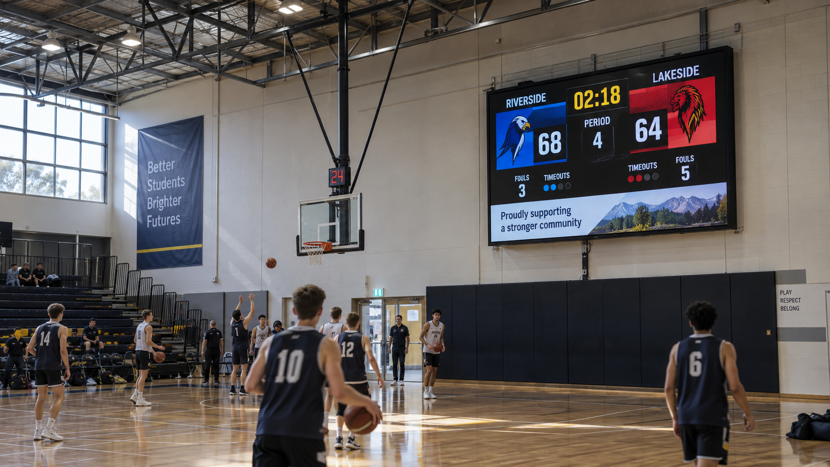 Concept visualisation of an indoor basketball LED scoreboard