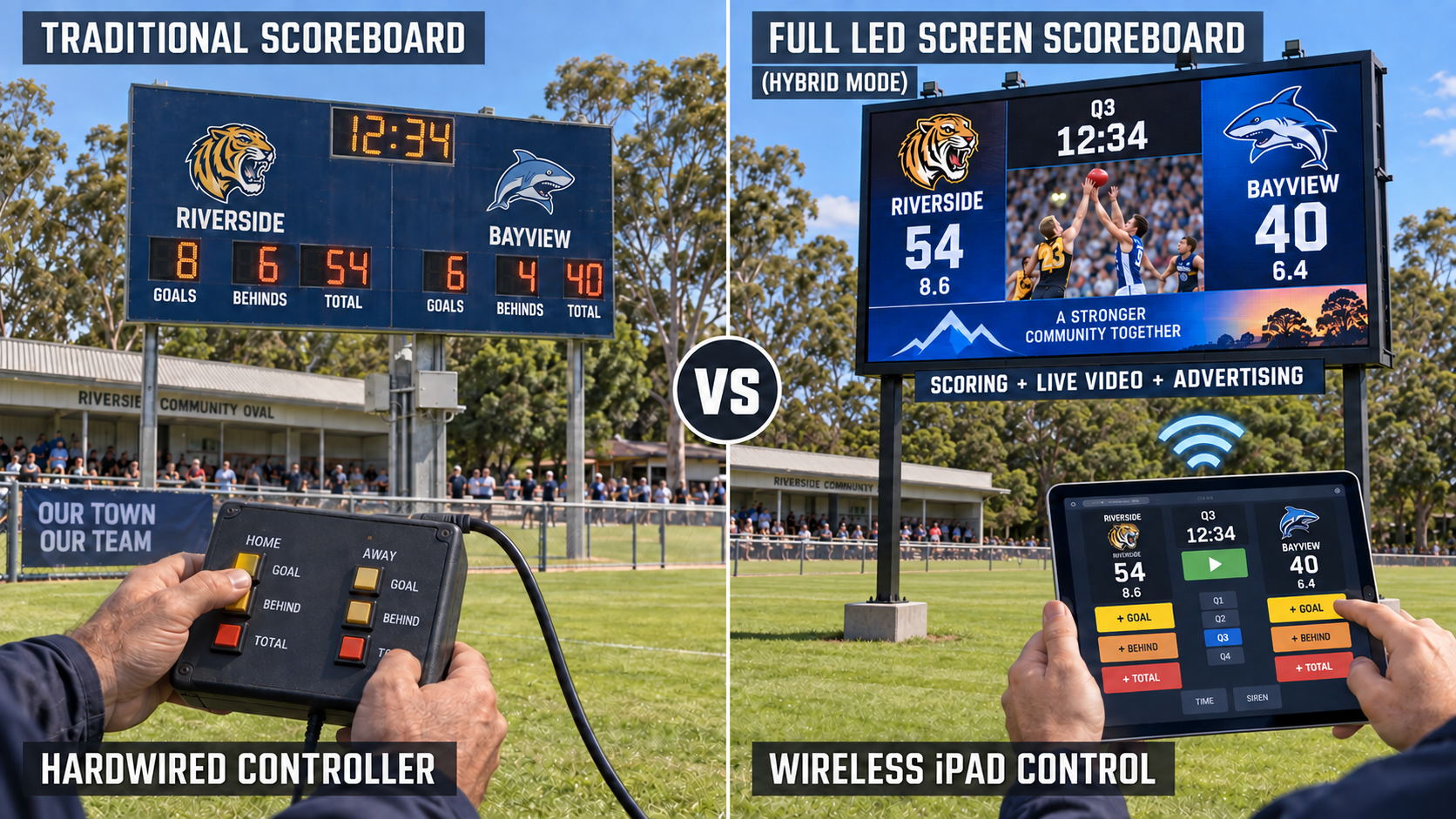 Traditional hardwired scoreboard versus a full LED screen scoreboard in hybrid scoring and advertising mode